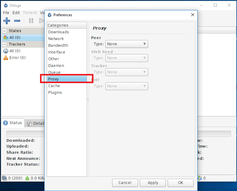 deluge torrent proxy settings